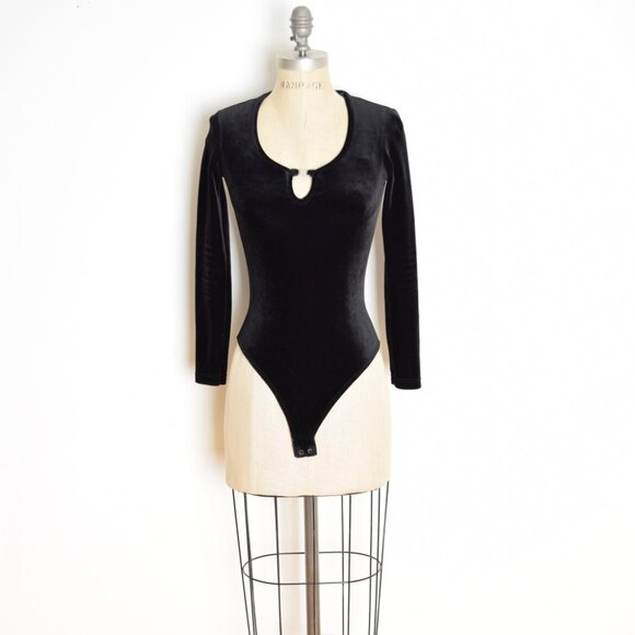 vintage 90s bodysuit black stretch velvet long sleeve grunge one piece top XS S - Picture 1 of 8
